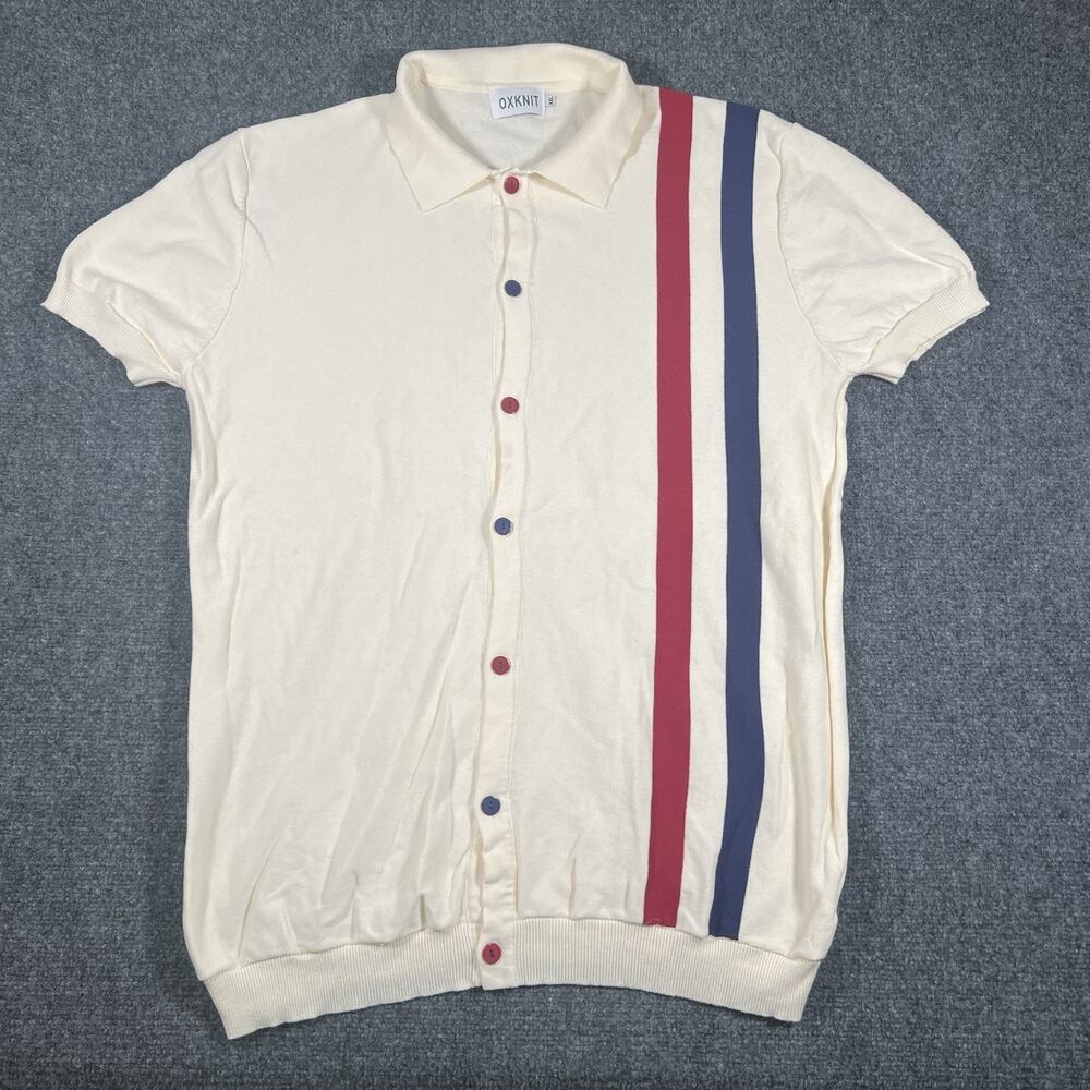 OXKNIT Mens XXL Cream Knit Polo Shirt Retro Vertical Stripe Short Sleeve Cotton